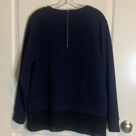 Women’s J CREW XL Navy Sweater, Black Fringe Hem Crew Neck Pullover, Preloved - Picture 2 of 2